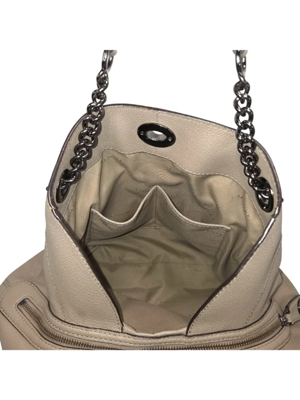 Coach 2017 Turnlock Edie Beige Taupe Leather Shoulder Bag w Gunmetal Chain 36855